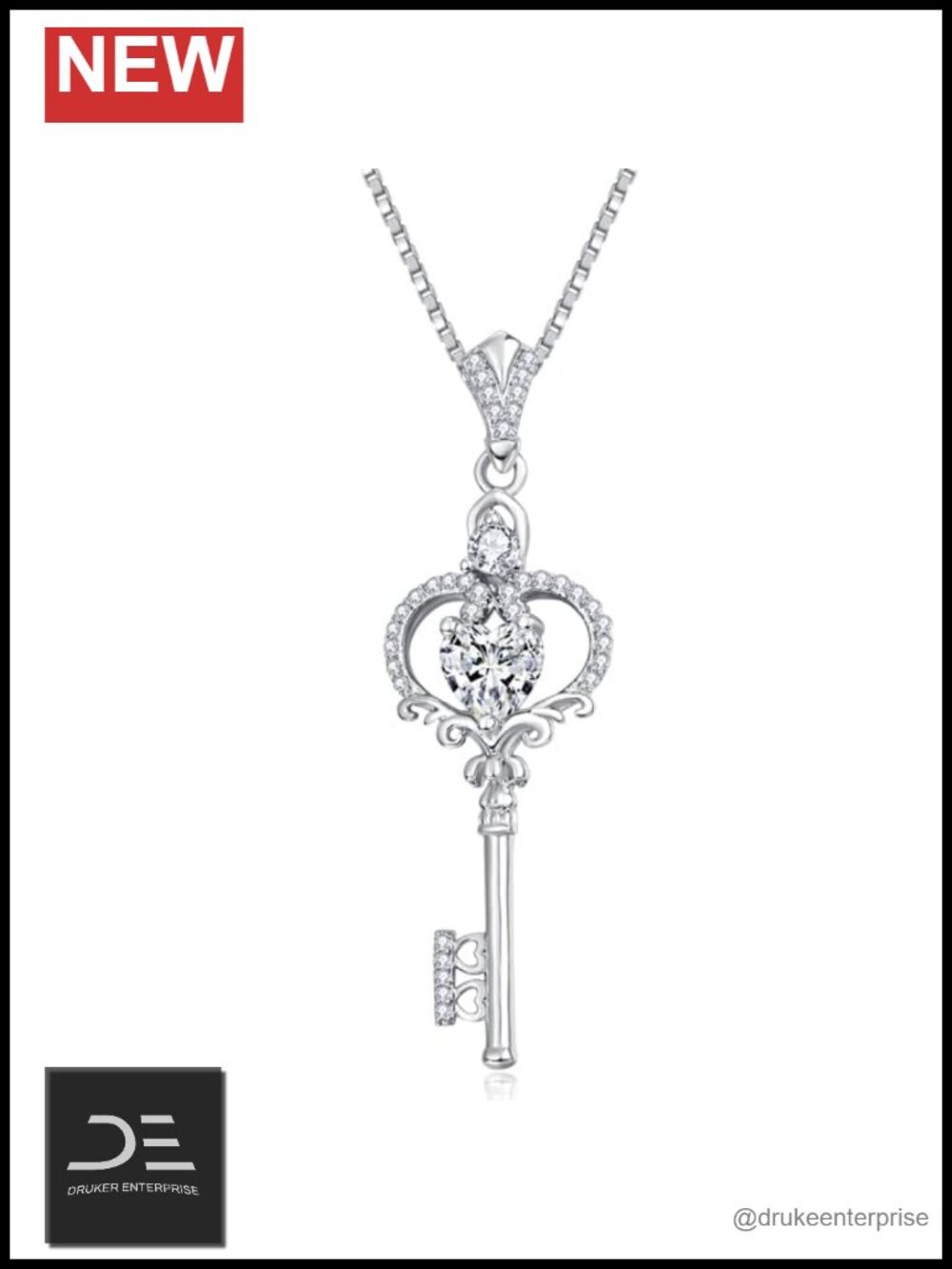 Dainty 18K White Gold Plated Key Necklace with Heart Cubic Zirconia Birthstone